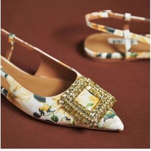 Anthropologie Bibi Lou Floral Pointed Slingback  with Gold Crystal Buckle